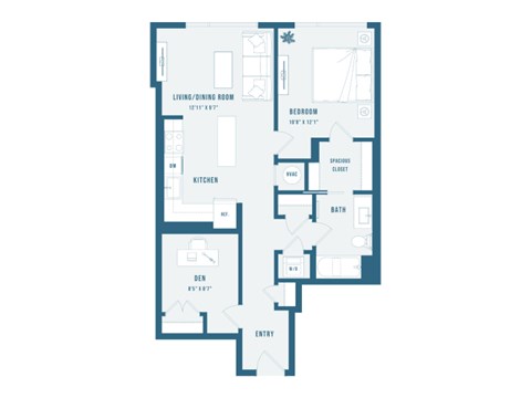 Floor plan for 1 bed, 1 bath, 821 sqft
